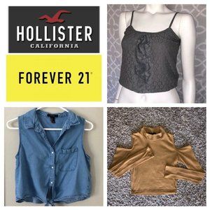 Y2K Hollister Forever 21 Tops XS Bundle Gray Lace Tank Mustard Chambray Shirt